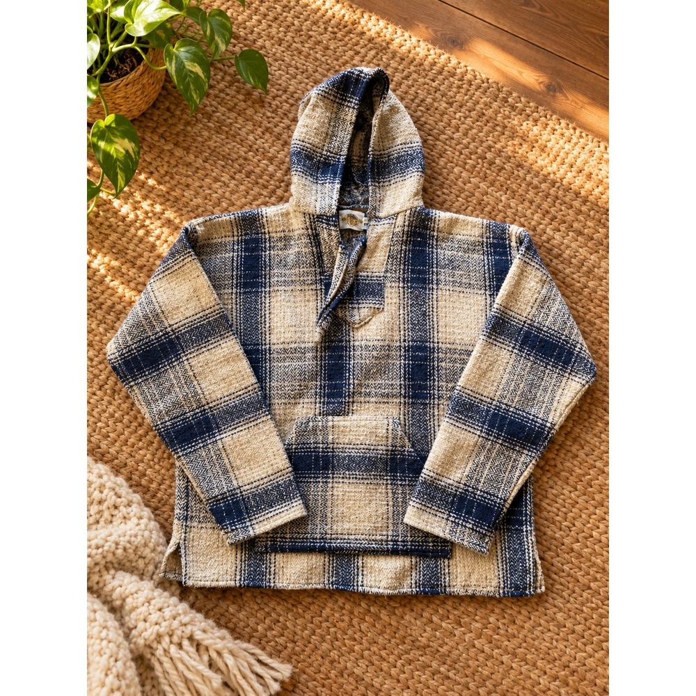 Earth Ragz XXL Baja Hoodie Blue Cream Plaid Mexican Blanket Pullover Drug Rug